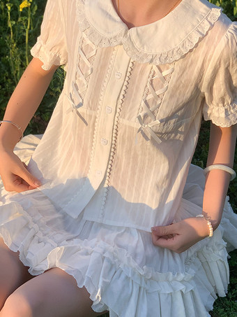 スイートロリータブラウス ロリータトップ エクリュホワイト 半袖 リボン フリル ロリータシャツ