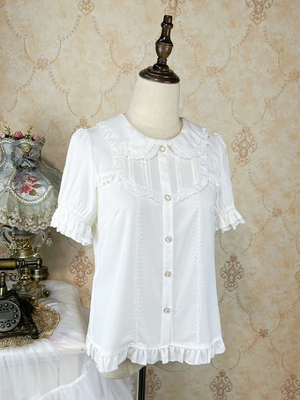 ホワイト アカデミックロリータブラウス ブラック 半袖 フリル レース ロリータトップ ロリータシャツ