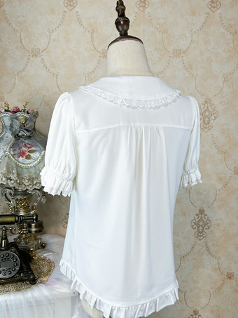 アカデミックロリータブラウス ブラック 半袖 フリル レース ロリータトップ ロリータシャツ