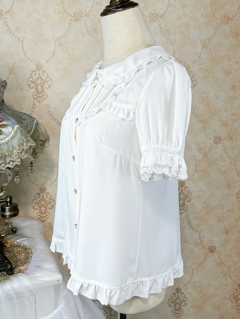 アカデミックロリータブラウス ブラック 半袖 フリル レース ロリータトップ ロリータシャツ