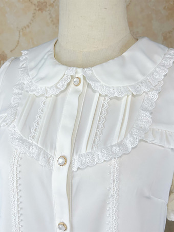 アカデミックロリータブラウス ブラック 半袖 フリル レース ロリータトップ ロリータシャツ