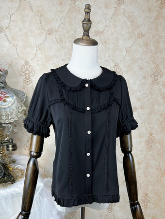 アカデミックロリータブラウス ブラック 半袖 フリル レース ロリータトップ ロリータシャツ