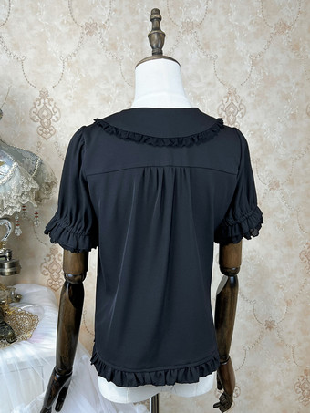 ブラック アカデミックロリータブラウス ブラック 半袖 フリル レース ロリータトップ ロリータシャツ