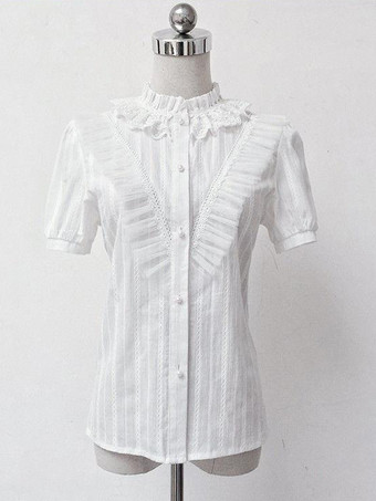 ホワイト アカデミックロリータブラウス ロリータトップス レースフリル 半袖ブラウス ストライプ ホワイトロリータシャツ