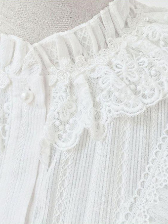 アカデミックロリータブラウス ロリータトップス レースフリル 半袖ブラウス ストライプ ホワイトロリータシャツ