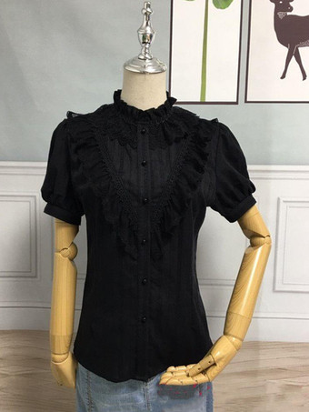 ブラック アカデミックロリータブラウス ロリータトップス レースフリル 半袖ブラウス ストライプ ホワイトロリータシャツ