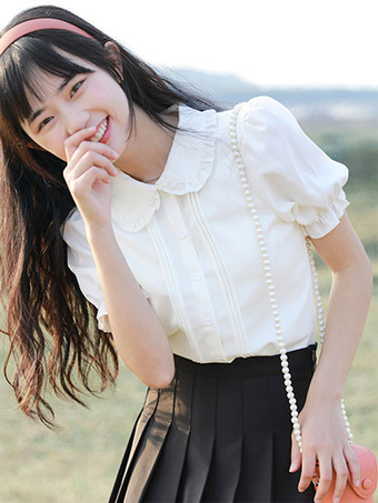 ホワイト スイートロリータブラウス ホワイト 半袖 フリル ロリータトップ ロリータシャツ