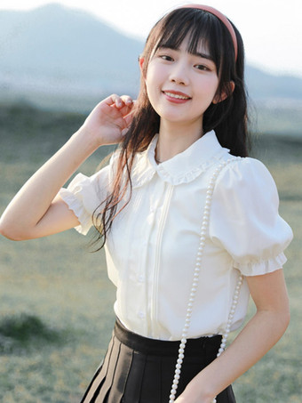 スイートロリータブラウス ホワイト 半袖 フリル ロリータトップ ロリータシャツ