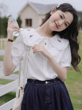 ホワイト アカデミックロリータブラウス フリル刺繍半袖ブラウス ロリータトップ ホワイトロリータシャツ