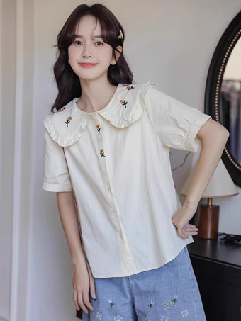 アイボリー アカデミックロリータブラウス フリル刺繍半袖ブラウス ロリータトップ ホワイトロリータシャツ