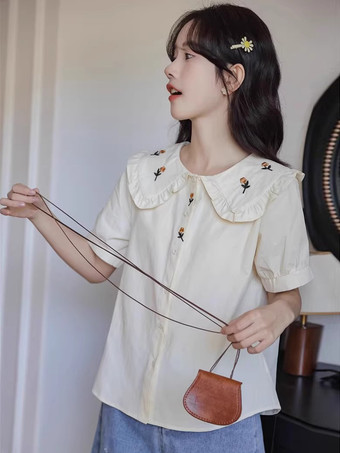 アカデミックロリータブラウス フリル刺繍半袖ブラウス ロリータトップ ホワイトロリータシャツ