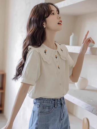 アカデミックロリータブラウス フリル刺繍半袖ブラウス ロリータトップ ホワイトロリータシャツ