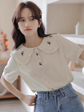 アカデミックロリータブラウス フリル刺繍半袖ブラウス ロリータトップ ホワイトロリータシャツ