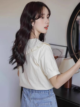 アカデミックロリータブラウス フリル刺繍半袖ブラウス ロリータトップ ホワイトロリータシャツ