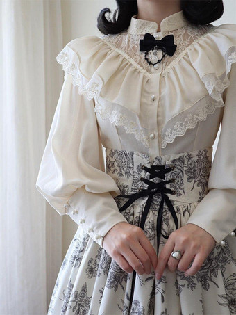 ゴシックロリータブラウス フリル レース 長袖 ブラウス ロリータ トップス レース エクリュ ホワイト ロリータ シャツ