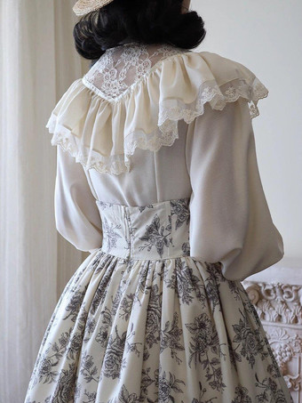 ゴシックロリータブラウス フリル レース 長袖 ブラウス ロリータ トップス レース エクリュ ホワイト ロリータ シャツ