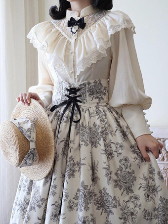 ゴシックロリータブラウス フリル レース 長袖 ブラウス ロリータ トップス レース エクリュ ホワイト ロリータ シャツ