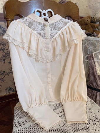 ゴシックロリータブラウス フリル レース 長袖 ブラウス ロリータ トップス レース エクリュ ホワイト ロリータ シャツ