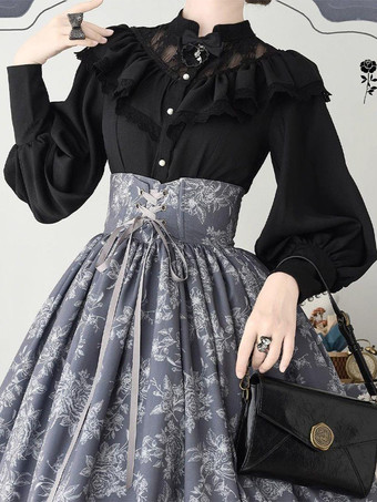 ブラック ゴシックロリータブラウス フリル レース 長袖 ブラウス ロリータ トップス レース エクリュ ホワイト ロリータ シャツ