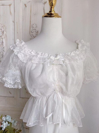 ホワイト スイートロリータブラウス ホワイト 半袖 フリル リボン ロリータトップス レース ロリータシャツ
