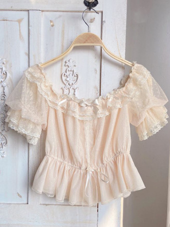 スイートロリータブラウス ホワイト 半袖 フリル リボン ロリータトップス レース ロリータシャツ