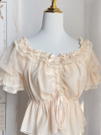 スイートロリータブラウス ホワイト 半袖 フリル リボン ロリータトップス レース ロリータシャツ