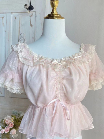 ピンクスイートロリータブラウス ホワイト 半袖 フリル リボン ロリータトップス レース ロリータシャツ