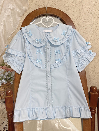 ライトスカイブルースイートロリータブラウス ホワイト 半袖 ロリータトップス フリル リボン ロリータシャツ