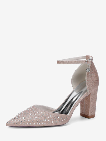 シャンパンカラーホワイトウェディングシューズ サテンラインストーン ポインテッドトゥ チャンキーヒールパンプス