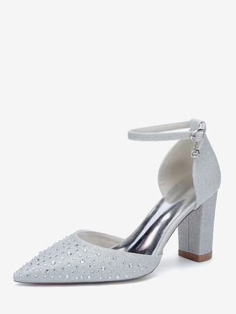 シルバー ホワイトウェディングシューズ サテンラインストーン ポインテッドトゥ チャンキーヒールパンプス