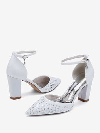 ホワイトウェディングシューズ サテンラインストーン ポインテッドトゥ チャンキーヒールパンプス