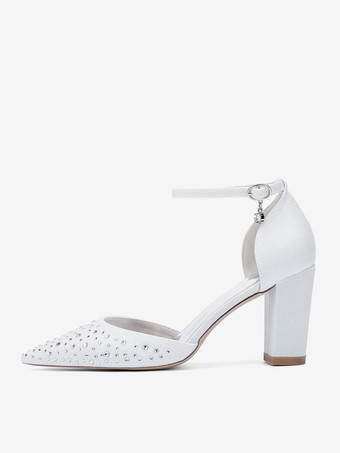 ホワイトウェディングシューズ サテンラインストーン ポインテッドトゥ チャンキーヒールパンプス