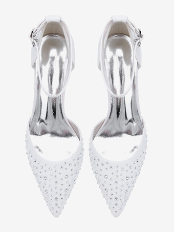 ホワイトウェディングシューズ サテンラインストーン ポインテッドトゥ チャンキーヒールパンプス