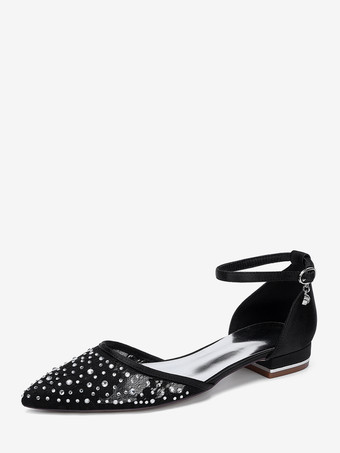 ブラック レースフラットウェディングシューズ ラインストーン ポインテッドトゥ ブライダルシューズ