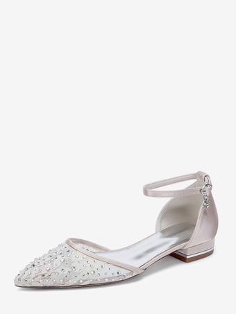 シャンパンカラーレースフラットウェディングシューズ ラインストーン ポインテッドトゥ ブライダルシューズ