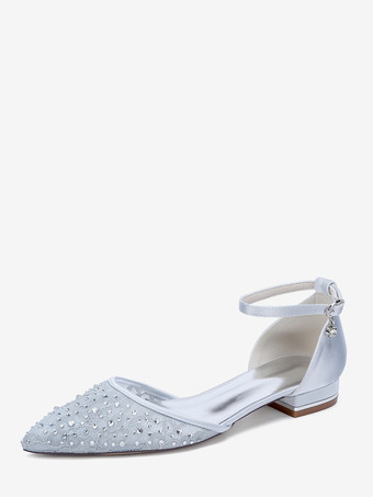 シルバー レースフラットウェディングシューズ ラインストーン ポインテッドトゥ ブライダルシューズ