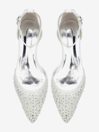 レースフラットウェディングシューズ ラインストーン ポインテッドトゥ ブライダルシューズ