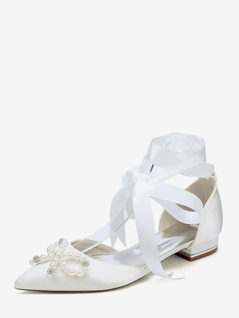 アイボリー フラットウェディングシューズ パールボウ レースアップ ブライダルシューズ