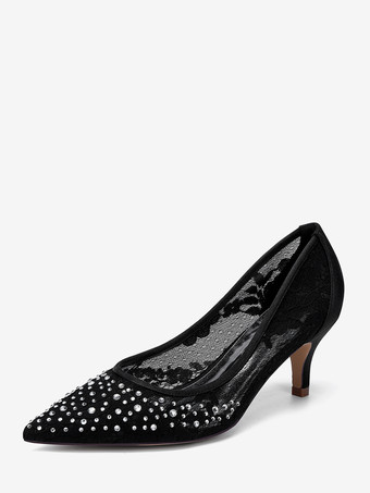 ブラック レースのウェディングシューズ、ポインテッドトゥ、キトンヒール、花嫁介添人用マザーシューズ