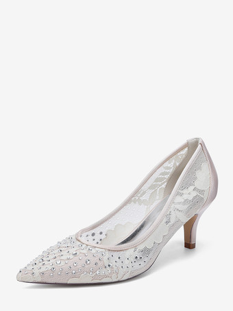 シャンパンカラーレースのウェディングシューズ、ポインテッドトゥ、キトンヒール、花嫁介添人用マザーシューズ