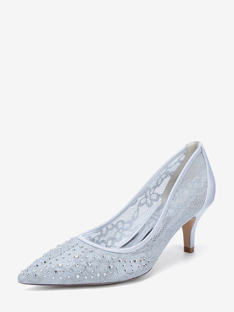 シルバー レースのウェディングシューズ、ポインテッドトゥ、キトンヒール、花嫁介添人用マザーシューズ