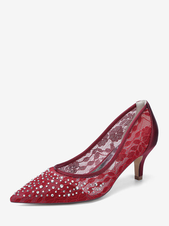 ワインレッド レースのウェディングシューズ、ポインテッドトゥ、キトンヒール、花嫁介添人用マザーシューズ