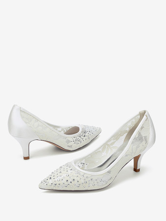 レースのウェディングシューズ、ポインテッドトゥ、キトンヒール、花嫁介添人用マザーシューズ