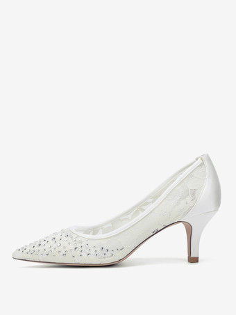 レースのウェディングシューズ、ポインテッドトゥ、キトンヒール、花嫁介添人用マザーシューズ