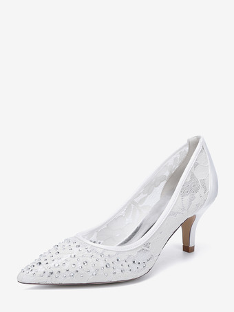 ホワイト レースのウェディングシューズ、ポインテッドトゥ、キトンヒール、花嫁介添人用マザーシューズ