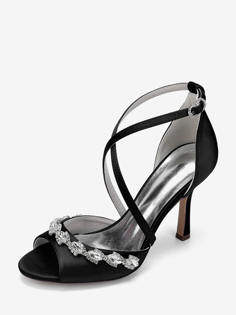 ブラック サテンウェディングシューズ ピープトゥ ラインストーン クリスクロス ブライダルシューズ