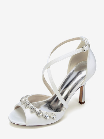 アイボリー サテンウェディングシューズ ピープトゥ ラインストーン クリスクロス ブライダルシューズ