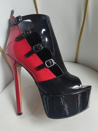 レディースセクシーシューズ ピープトゥ プラットフォーム バックルディテール スカイハイブーツ