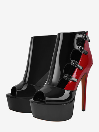 ブラック レディースセクシーシューズ ピープトゥ プラットフォーム バックルディテール スカイハイブーツ