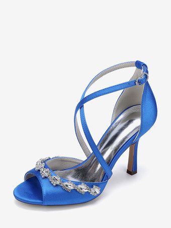 ロイヤルブルーサテンウェディングシューズ ピープトゥ ラインストーン クリスクロス ブライダルシューズ